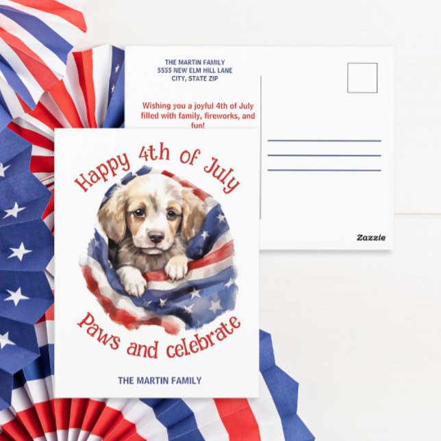 Glad 4:e juli Söt valp Amerikansk flagga  Vykort (Happy 4th of July American flag and puppy greeting postcard )