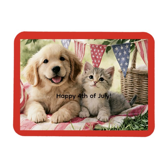 Glad 4:e juli, söt valp och randig katt, magnet (Horisontell)