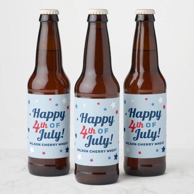 Glad 4:e juli stjärnor anpassat namn ölflaska etikett (Flaskor)