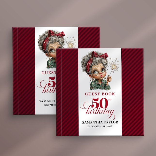 Glad 50-årig fantasifull kvinnlig gästbok (Cheerful 50th whimsical woman party guest book)