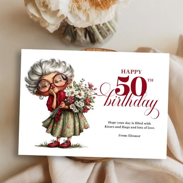Glad 50-årsdag rolig och excentrisk kvinna vykort  (Happy 50th quirky woman card fun whimsical humor)