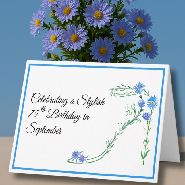 Glad 75-årsdag blå asterblommor i september kort (Skapare uppladdad)