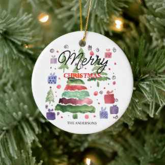 Glad akvarell röd grön lila blå julgransprydnad keramik