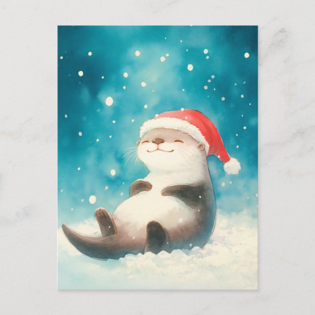 Glad akvarell utter jultomte mössa vykort (Framsida)
