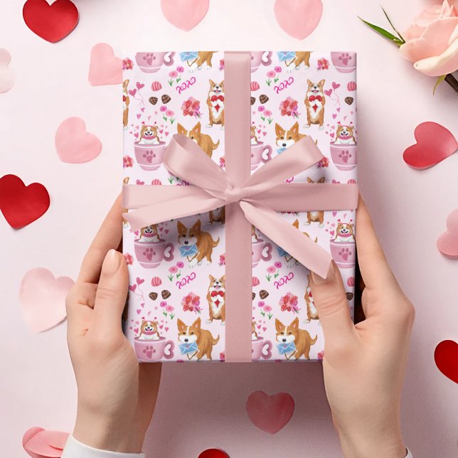 Glad Alla Hjärtans Corgi-dag mönster  Presentpapper (A sweet Corgi Valentine's Day wrapping paper for your sweetheart!)