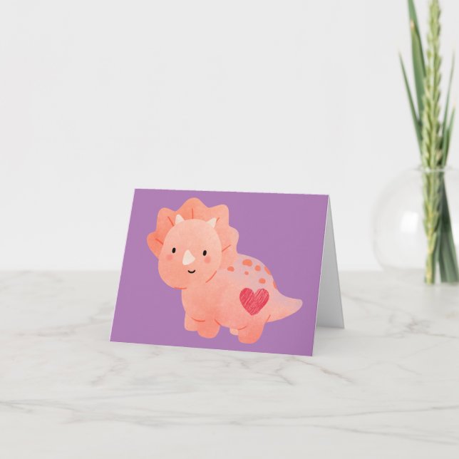 Glad Alla Hjärtans Dag  Akvarell Dinosaurie & Hjar Kort (Framsida)