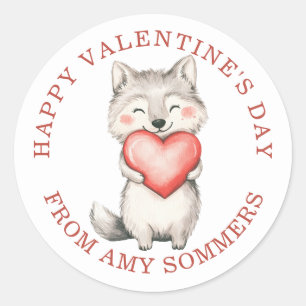 Glad Alla hjärtans dag Barn Watercolor Fox Heart Runt Klistermärke