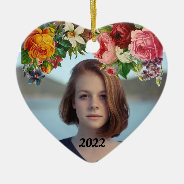 Glad Alla Hjärtans Dag Blommig Foto Bröllop Julgransprydnad Keramik (Framsidan)