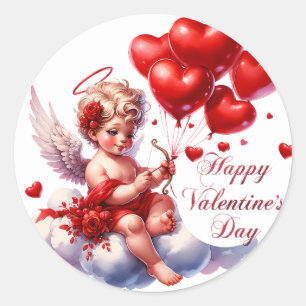 Glad Alla hjärtans dag Cupid med röda hjärtan Runt Klistermärke