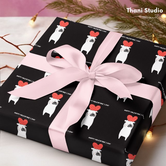 Glad Alla hjärtans dag Cute Pug & Red Heart Black Presentpapper (Skapare uppladdad)