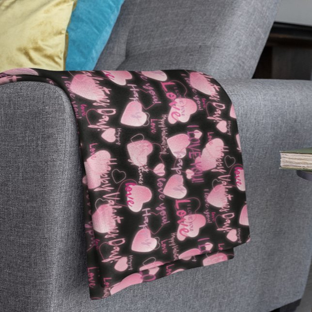 Glad Alla hjärtans dag Kärleksskrift Rosa Hjärtan Fleecefilt (Skapare uppladdad)