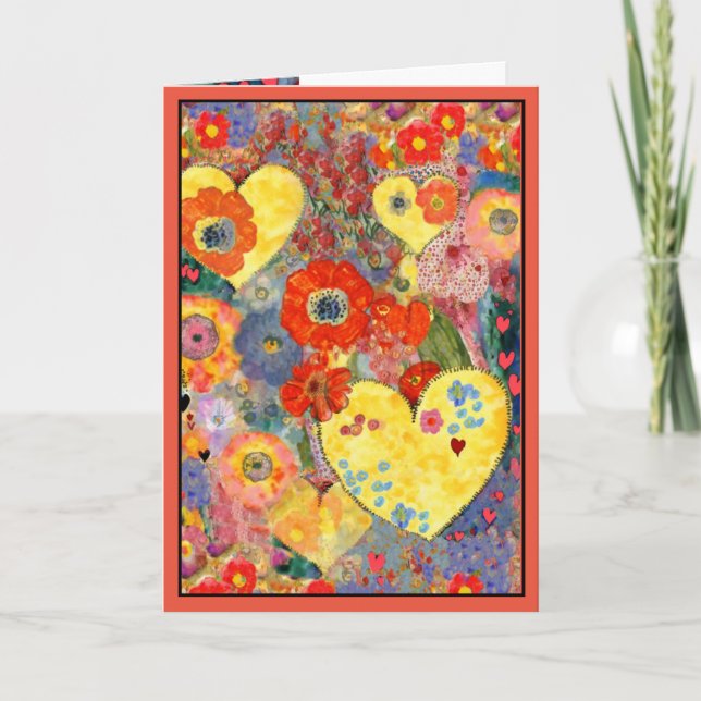 Glad Alla Hjärtans Dag kort med hjärtan och blommo (Framsida)