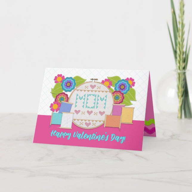 Glad Alla hjärtans dag Mamma! Broderiram Tråd Kort (Framsida)
