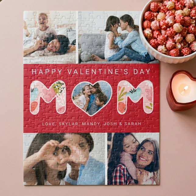 Glad Alla hjärtans dag Mamma, Fotokollage och Blom Pussel (Happy Valentine's Day Mom, Photo Collage & Florals Jigsaw Puzzle)