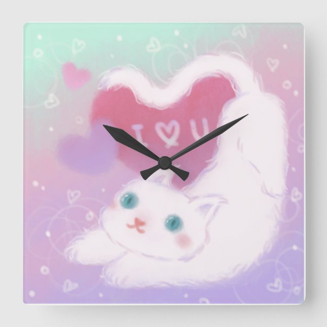 Glad Alla hjärtans dag med fluffig vit katt Fyrkantig Klocka (Framsida)