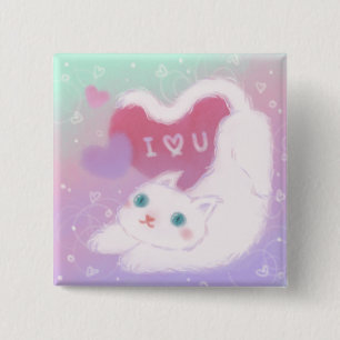 Glad Alla Hjärtans Dag med Fluffig Vit Katt Knapp