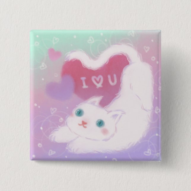 Glad Alla Hjärtans Dag med Fluffig Vit Katt Knapp (Framsida)