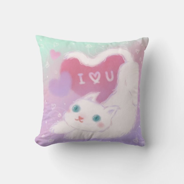 Glad Alla hjärtans dag med fluffig vit katt Kudde (Framsida)
