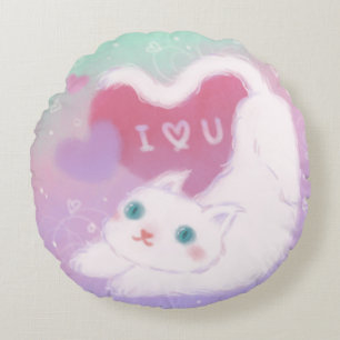 Glad Alla hjärtans dag med fluffig vit katt Rund Kudde