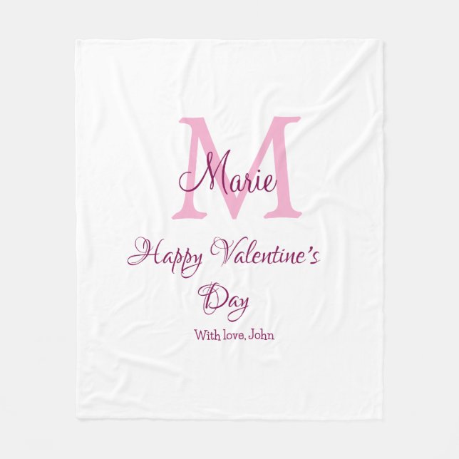 Glad Alla hjärtans dag monogram rosa namn kärlek f Fleecefilt (Framsidan)
