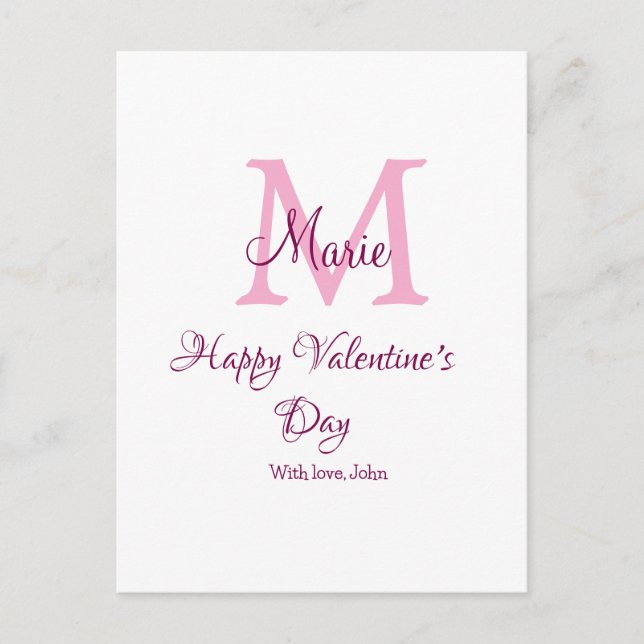 Glad Alla hjärtans dag monogram rosa namn kärlek f Vykort (Framsida)