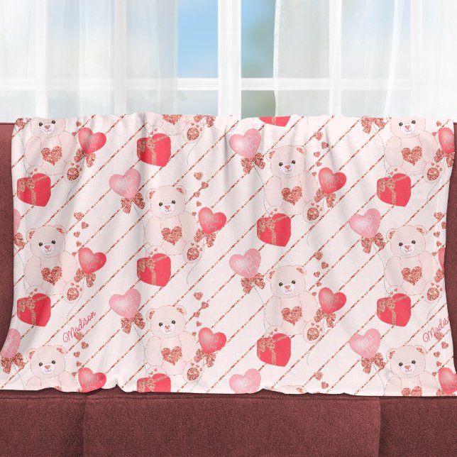 Glad Alla hjärtans dag Nalle Mönster på Rosa Fleecefilt (Skapare uppladdad)
