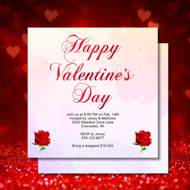 Glad Alla hjärtans dag Pastel Röd ros Party SQ Inbjudningar (Happy Valentine's Day Pastel Red Roses Party SQ Invitation)