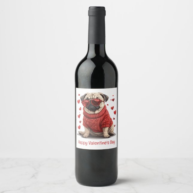 Glad Alla Hjärtans Dag Pug Hund Vinflaska Etikett (Framsida)