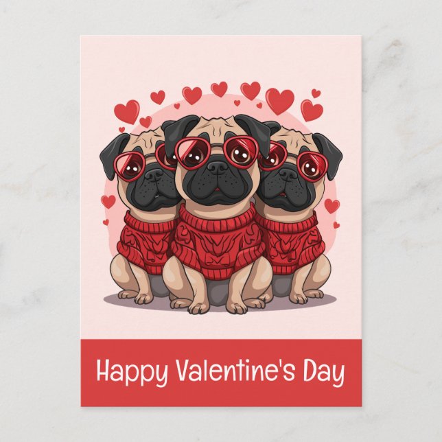 Glad Alla Hjärtans Dag Pug Hundsar Vykort (Framsida)