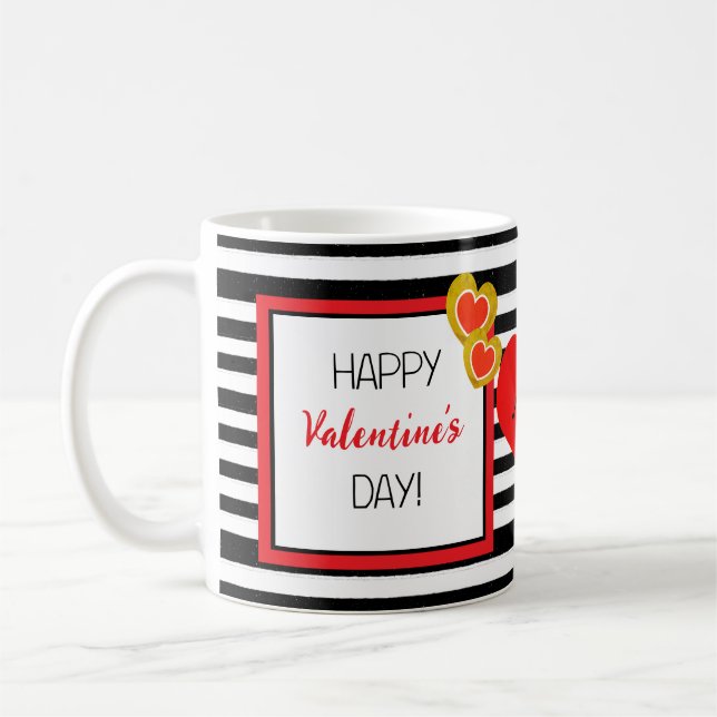 Glad Alla hjärtans dag Red Heart Black White Rand Kaffemugg (Vänster)
