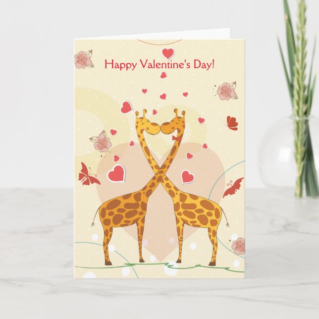 Glad Alla hjärtans dag Rosa Cute Giraffes Red Hear Helgkort (Framsida)