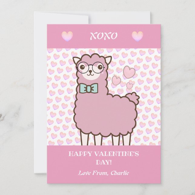 Glad Alla hjärtans dag  Rosa Hjärter i Cute Llama Julkort (Framsida)