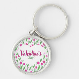 Glad Alla Hjärtans Dag Rosa Tulpaner Rund Silverfärgad Nyckelring
