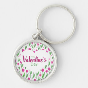 Glad Alla Hjärtans Dag Rosa Tulpaner Rund Silverfärgad Nyckelring