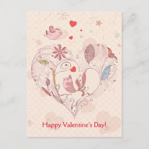 Glad Alla hjärtans dag Rosa Whimsical Flowers Bird Helg Vykort