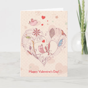 Glad Alla hjärtans dag Rosa Whimsical Flowers Bird Helgkort