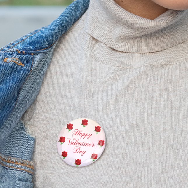 Glad Alla hjärtans dag Soft Pastel Röd ros Party Knapp (Happy Valentine's Day Soft Pastel Red Roses Party Button)