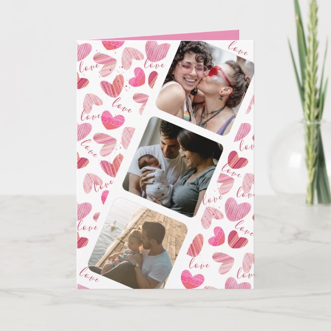 Glad Alla Hjärtans Dag Söt Rosa Hjärtfoto Collage Kort (Framsida)