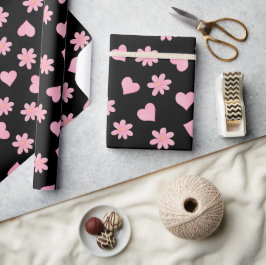Glad Alla hjärtans dag Svarta & rosa hjärtan Blomm Presentpapper