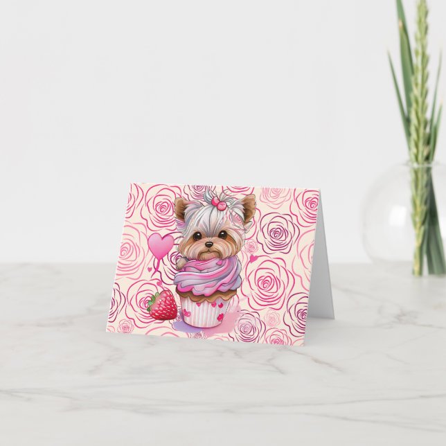 Glad Alla Hjärtans Dag Valp Muffin Rosor Kort (Framsida)