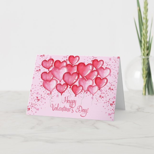 Glad Alla Hjärtans Dag - Vattenfärg Hjärtballonger Helgkort (Framsida)