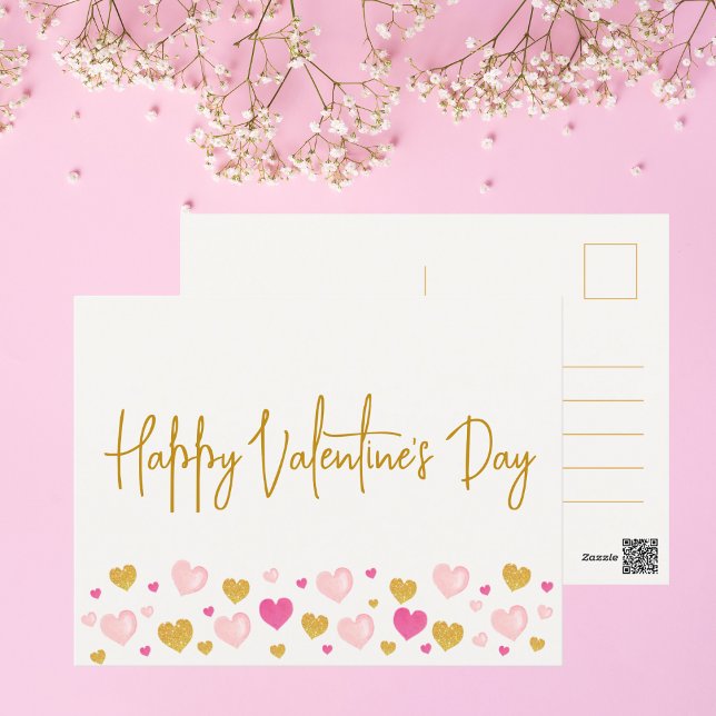 Glad Alla hjärtans dag|Vattenfärgshjärtor Vykort (Simple, chic, and cute Valentine's Day postcard for personal and business purposes. Get yours now!)