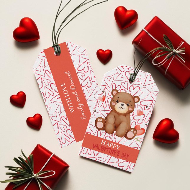 Glad Alla hjärtans dag, vattenfärgskägla Röda hjär Presentetikett (Happy Valentine's Day watercolor beard Red Hearts Gift Tags)