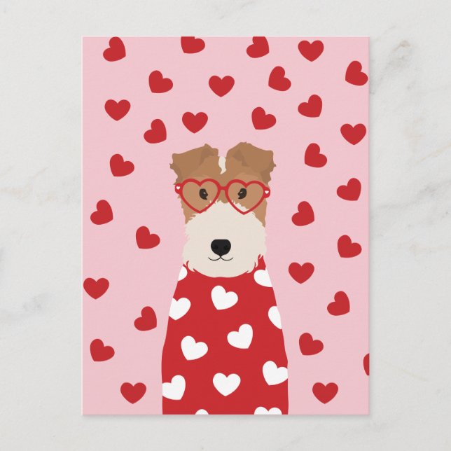 Glad Alla Hjärtans Dag Wire Fox Terrier Hund Rosa  Vykort (Framsida)