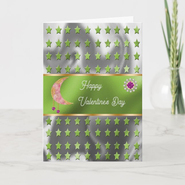 Glad Alla Hjärtans Rosa Måne Juveler & Stjärnor Kort (Framsida)