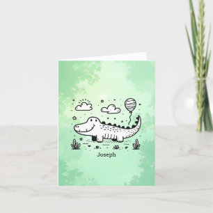 Glad Alligator med Ballong - Söt Barnkammar Konst Tack Kort