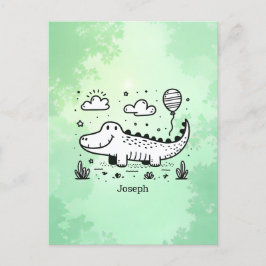 Glad Alligator med Ballong - Söt Barnkammar Konst Vykort