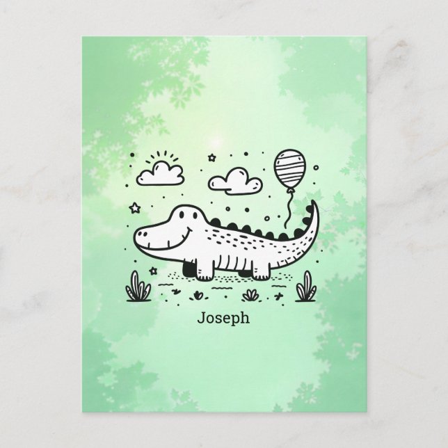 Glad Alligator med Ballong - Söt Barnkammar Konst Vykort (Framsida)