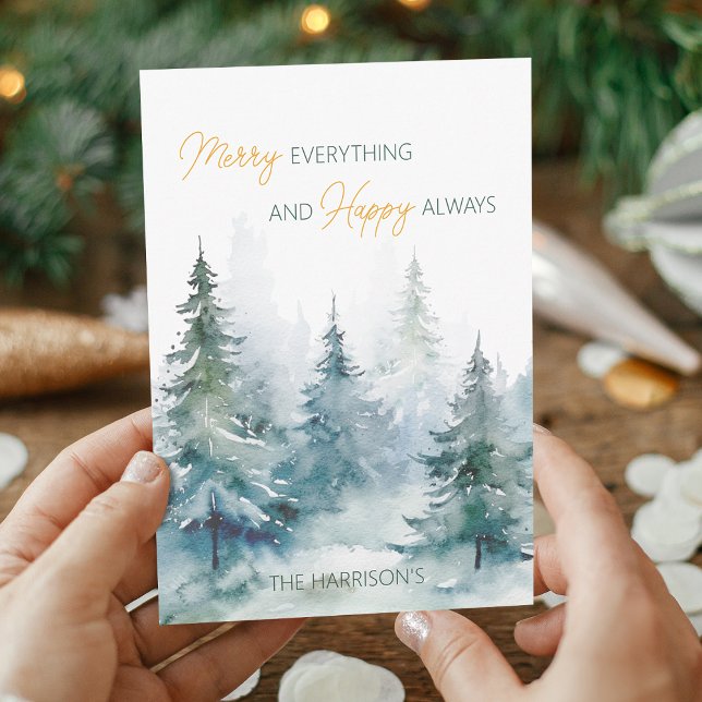 Glad allt Glad alltid Vinterträd Platt Julkort (Merry Everything Happy Always Winter Trees Flat Holiday Card)