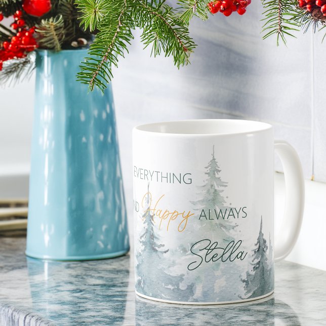 Glad allt lycklig alltid träd Personlig Kaffemugg (Merry Everything Happy Always Trees Personalized Coffee Mug)